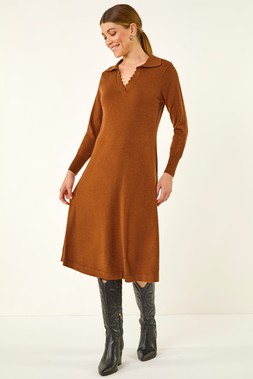 Copper Scallop Detail Knitted Midi Dress