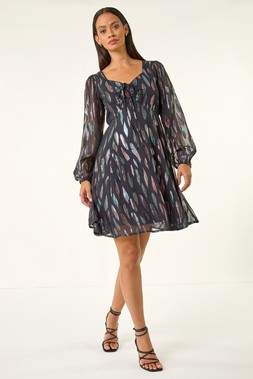 Roman Dusk Black Foil Print Tie Front Fit & Flare Dress