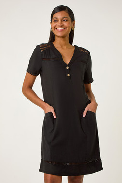 Roman Black Linen Mix Button Shift Dress