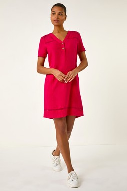 Roman Red Linen Mix Button Shift Dress