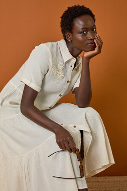 Roman Natural Embroidery Detail Tiered Midi Dress