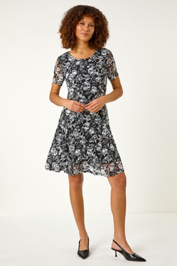 Roman Black Rose Print Lace Stretch Dress