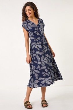 Roman Navy Leaf Print Buttoned Midi Dress
