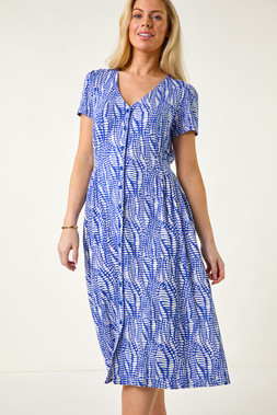 Roman Petite Blue Shirred Waist Button Dress