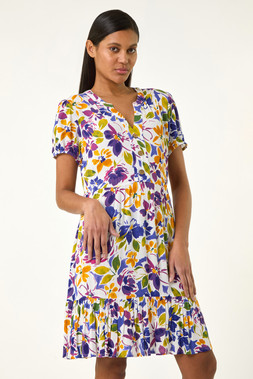 Roman Purple Floral Notch Button Shirt Dress