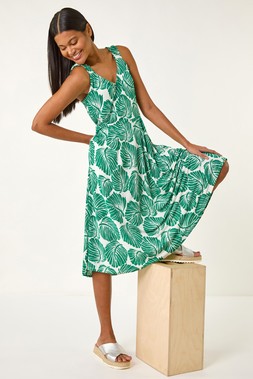 Roman Green Leaf Print V-Neck Stretch Midi Dress