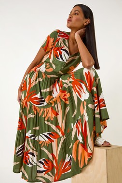 Roman Khaki Leaf Tiered Maxi