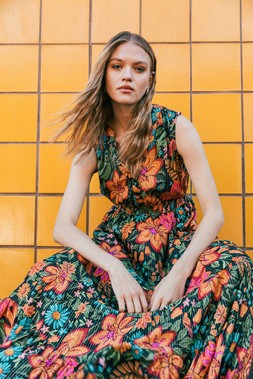 Roman Red Floral Shirred Maxi Dress