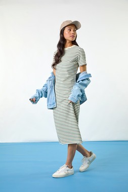 Roman Petite Stripe Knit Midi Dress & Light Blue Petite Bleached Denim Jacket