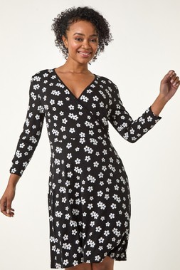 Roman Petite Black Petite Floral Wrap Dress