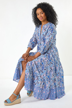Roman Petite Blue Aztec Tiered Midi Dress