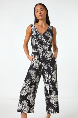 Roman Petite Black Leaf Print Cropped Jumpsuit