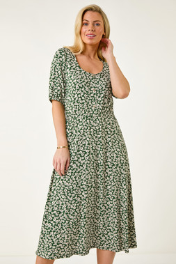 Roman Petite Khaki Floral Print Button Midi Dress