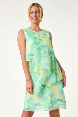 Roman Petite Green Lemon Print Layered A-Line Dress