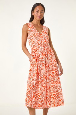 Roman Petite Coral Linen Mix Midi Dress