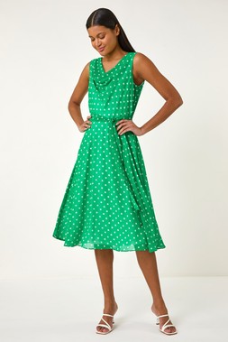 Roman Green Spotted Cowl Neck Dress