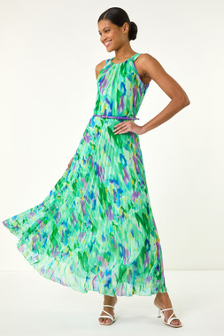 Roman Green Pleated Halter Maxi Dress