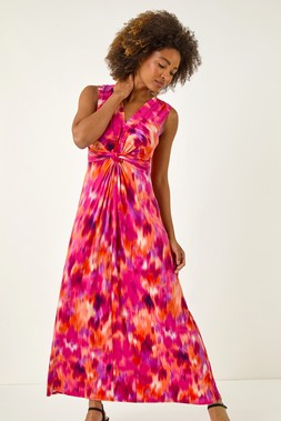 Roman Fuchsia Abstract Twist Front Maxi Dress