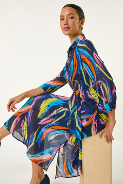 Roman Navy Abstract Print Tie Front Shirt Dress