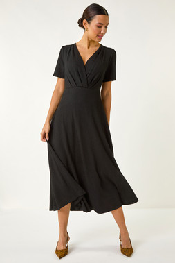 Roman Black Textured Wrap Bodice Midi Dress