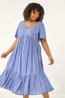 Roman Curve Blue Stripe Print V-Neck Midi Dress