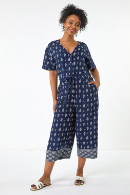 Roman Petite Navy Print V-Neck Cropped Jumpsuit