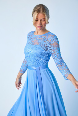 Roman Petite Blue Lace Bodice Tie Waist Dress