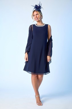 Roman Petite 2in1 Neck Trim Shift Dress & Roman Navy Fascinator Clip Headband