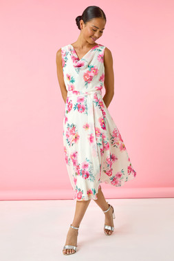 Roman Petite Ivory Floral Cowl Neck Midi Dress