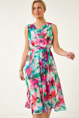 Roman Petite Floral Cowl Neck Midi Dress