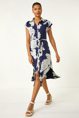 Roman Navy Floral Print Stretch Shirt Dress