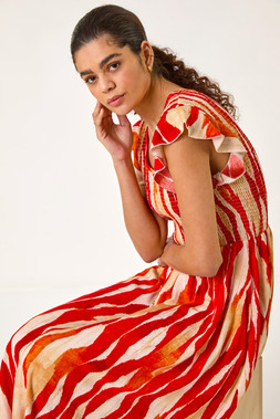 Roman Red Wave Print Shirred Midi Dress