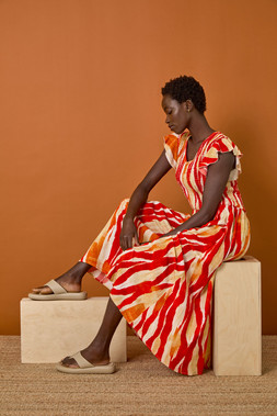 Roman Red Wave Print Shirred Midi Dress