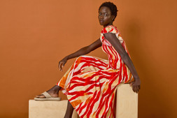 Roman Red Wave Print Shirred Midi Dress
