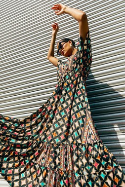 Roman Geo Print V-Neck Frill Maxi Dress