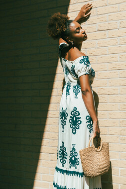 Roman Navy Bardot Shirred Maxi Dress