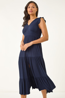 Roman Navy Crinkle Tiered Frill Maxi Dress