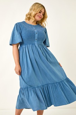 Roman Curve Denim Shirred Midi Dress