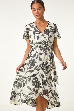Roman Petite Ivory Floral Wrap Tie Waist Dress