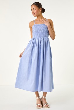 Roman Petite Blue Stripe Strappy Shirred Dress