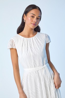 Roman Petite White Gathered Neck Jacquard Dress