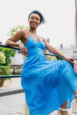Roman Petite Light Blue Broderie Strappy Maxi Dress