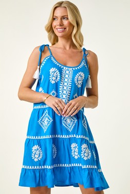 Roman Petite Blue Strappy Trim Detail Tiered Dress