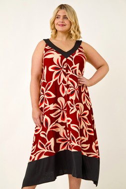 Roman Curve Red Floral Print V-Neck Dress
