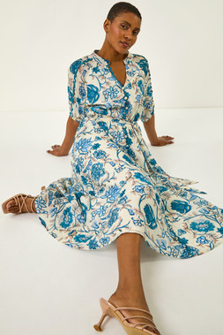 Roman Blue Floral Print Midi Shirt Dress
