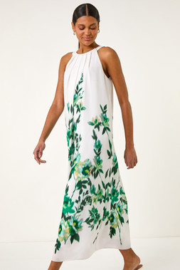 Roman Green Floral Print Halter Neck Midi Dress