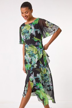 Roman Green Botanical Floral Frill Dress