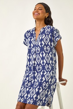 Roman Navy Aztec Print Linen Mix Shift Dress