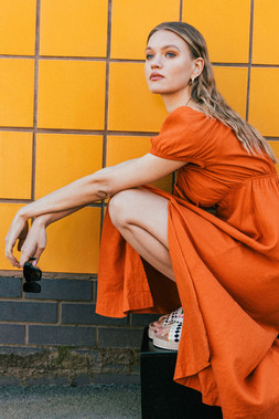 Roman Orange Puff Sleeve Linen Mix Midi Dress