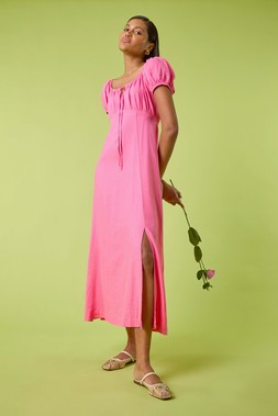 Pink Puff Sleeve Midi Dress
